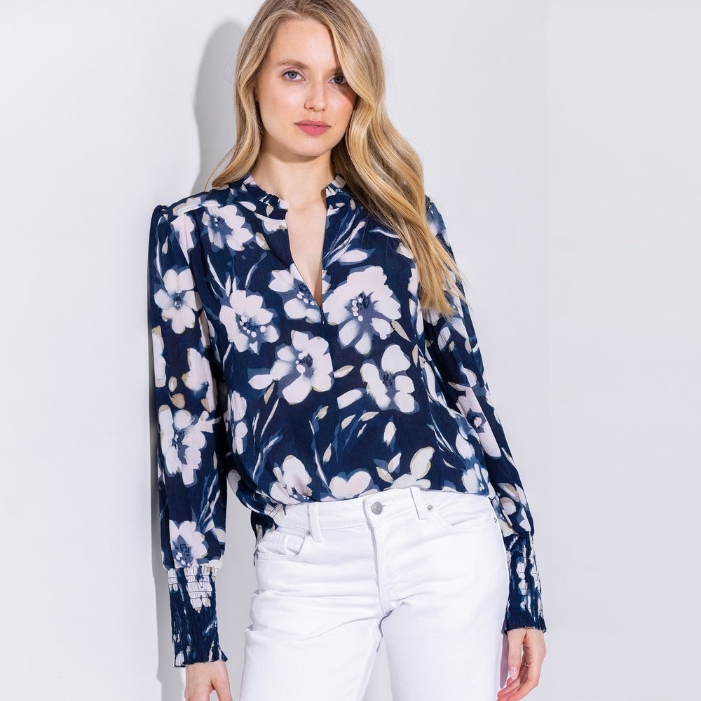 GoSilk Go Soft Spoken Fair Winds Floral Print Blouse M Navy Floral Luxury Boho